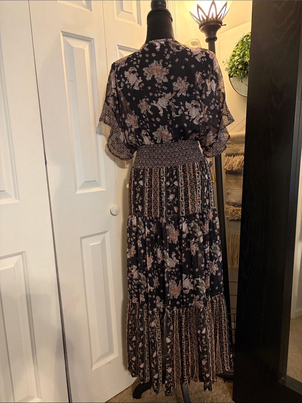 Black Boho Floral Maxi Dress with Smocked Waist and V-Neck - Picture 2 of 9
